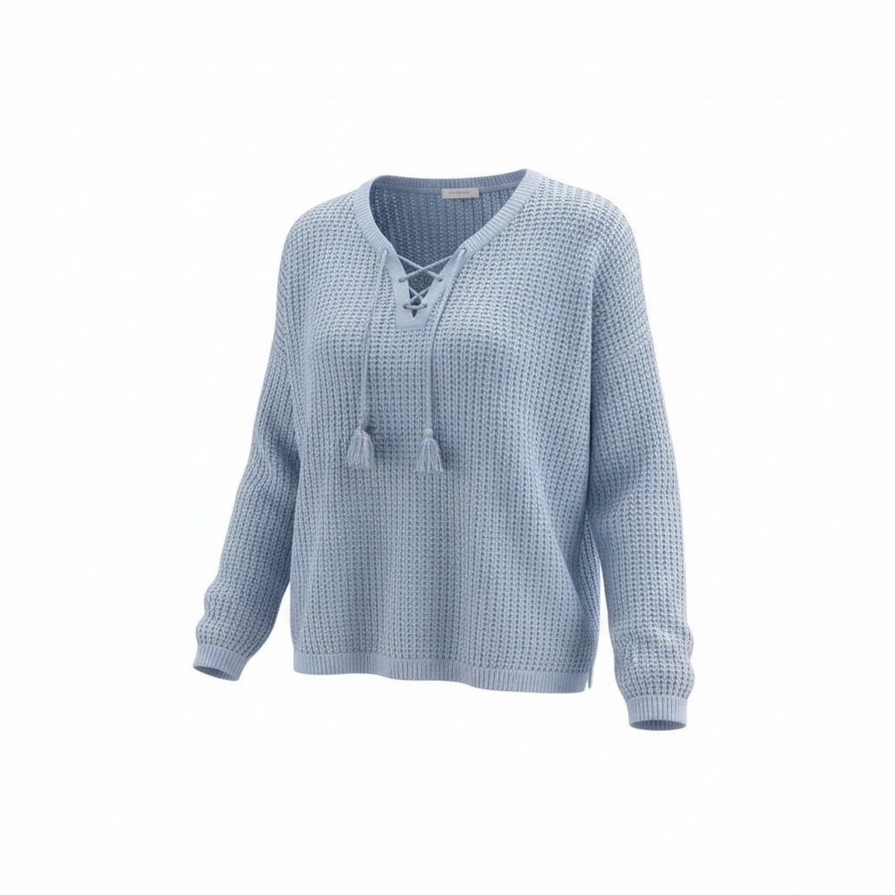 J. Jill Womens XL Light Blue Cotton Open Knit Lace Up Tassel Sweater